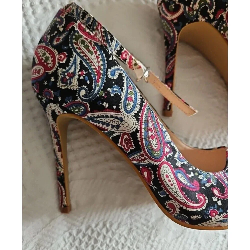 NEW JOLIMALL Paisley Open Toe Ankle Strap Pumps Shoes Sz 10